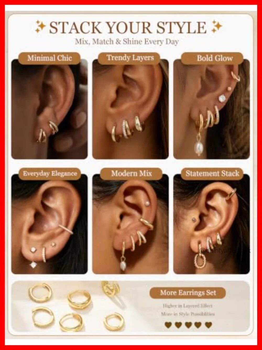 14K Gold Plated 13 Pair Earring Set Hypoallergenic Studs Hoops Dangles